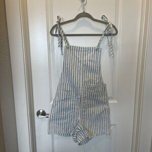 RARE MADEWELL size MEDIUM ROMPER overall shorts tie straps Blue/white stripe